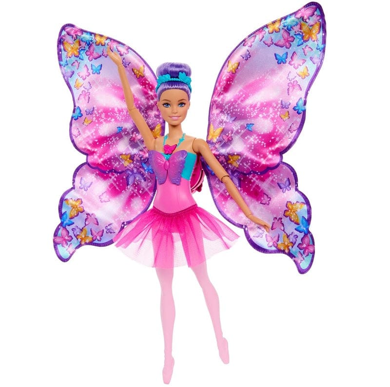 Bambole Barbie Ali Scintillanti, bambola dai capelli viola 2 in 1 da ballerina a farfalla con ali apribili Barbie Ali Scintillanti, bambola dai capelli viola 2 in 1 da ballerina a farfalla con ali apribili