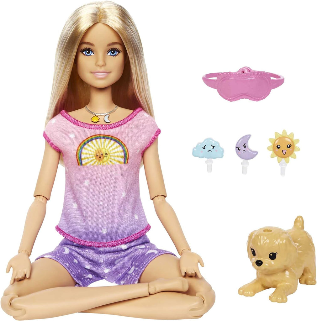Bambole Barbie Benessere e Meditazione, Bambola bionda con luce e musica per la meditazione, cagnolino e 3 emoticon da collegare Barbie Benessere e Meditazione, Bambola bionda con luce e musica 