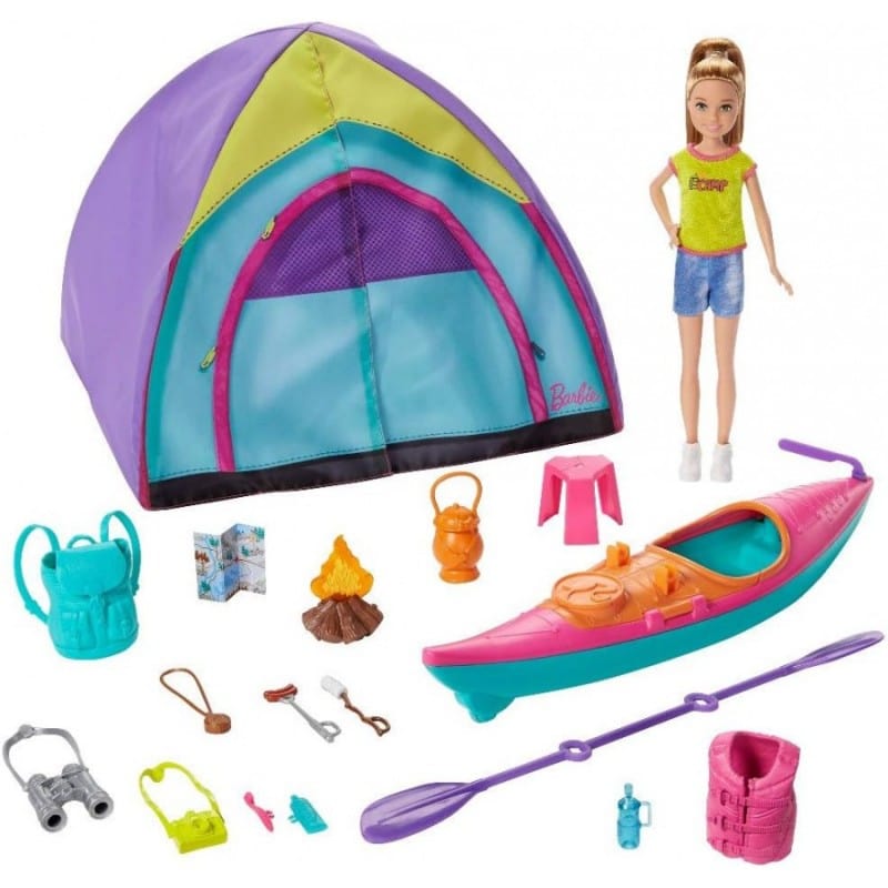 Bambole Barbie Stacie Summer Camp, Bambola con tenda e accessori campeggio