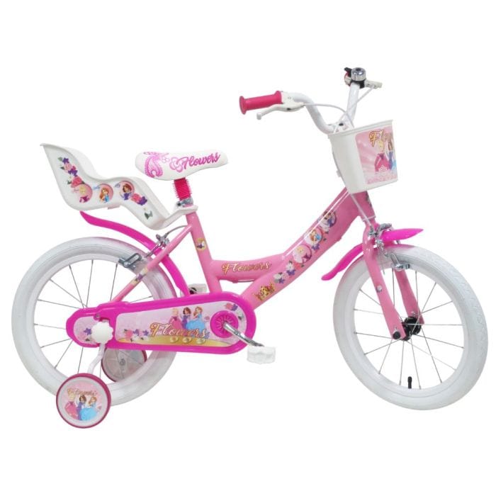 Biciclette Bici Bambina 16 Pollici Flowers, Bicicletta con Cesto e Porta bambole età 4-7 Anni