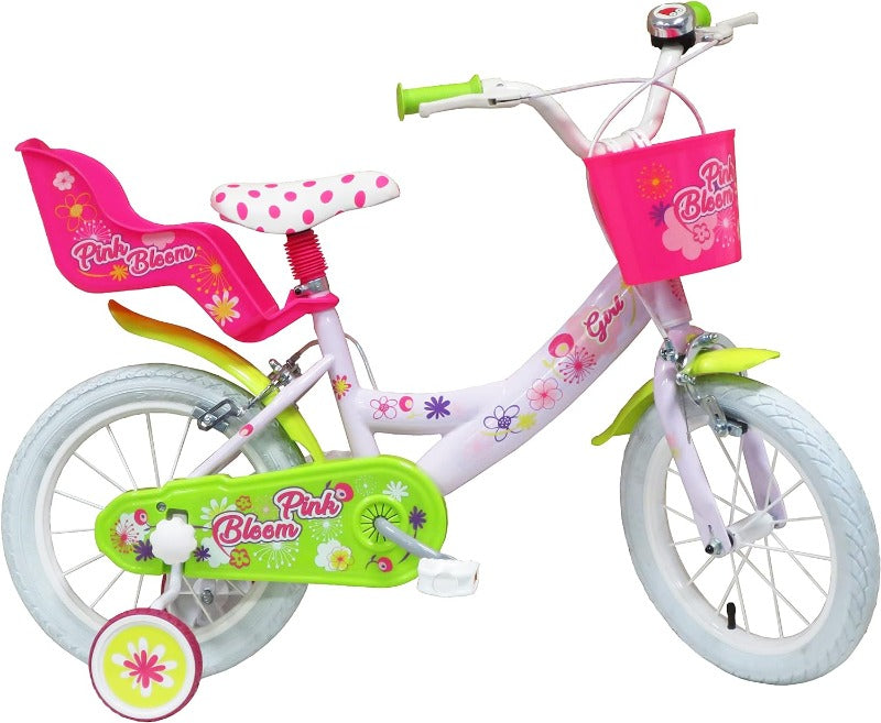 Biciclette Bici Bambina 14 Pollici Flowers, Bicicletta con Cesto e Porta bambole età 3-6 Anni