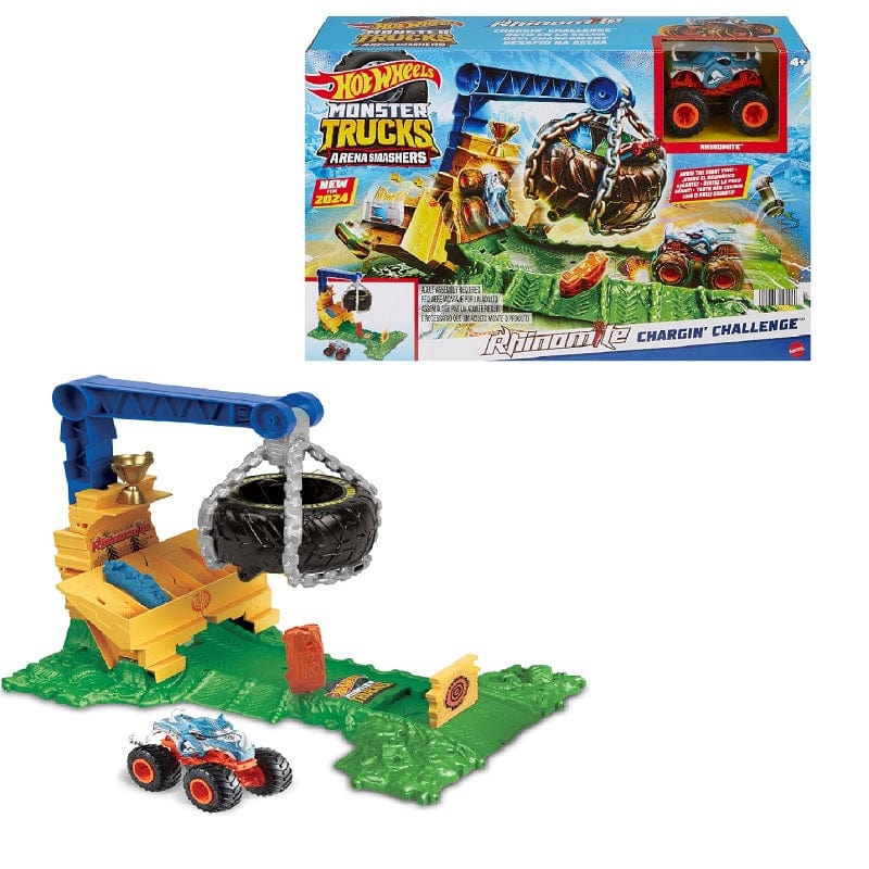 macchinine Hot Wheels Monster Trucks - Sfida Demolizione del Carico Rhinomite, playset Arena degli Scontri Hot Wheels Monster Trucks - Sfida Demolizione del Carico Rhinomite, playset Arena degli Scontri