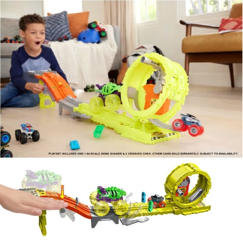 pista Hot Wheels Pista Monster Trucks Sfida Carica e Insegui, set pista con 2 truck in scala 1:64 e due Auto schiacciate Hot Wheels Pista Monster Trucks Sfida Carica e Insegui, set pista con 2 truck in scala 1:64 e due Auto schiacciate