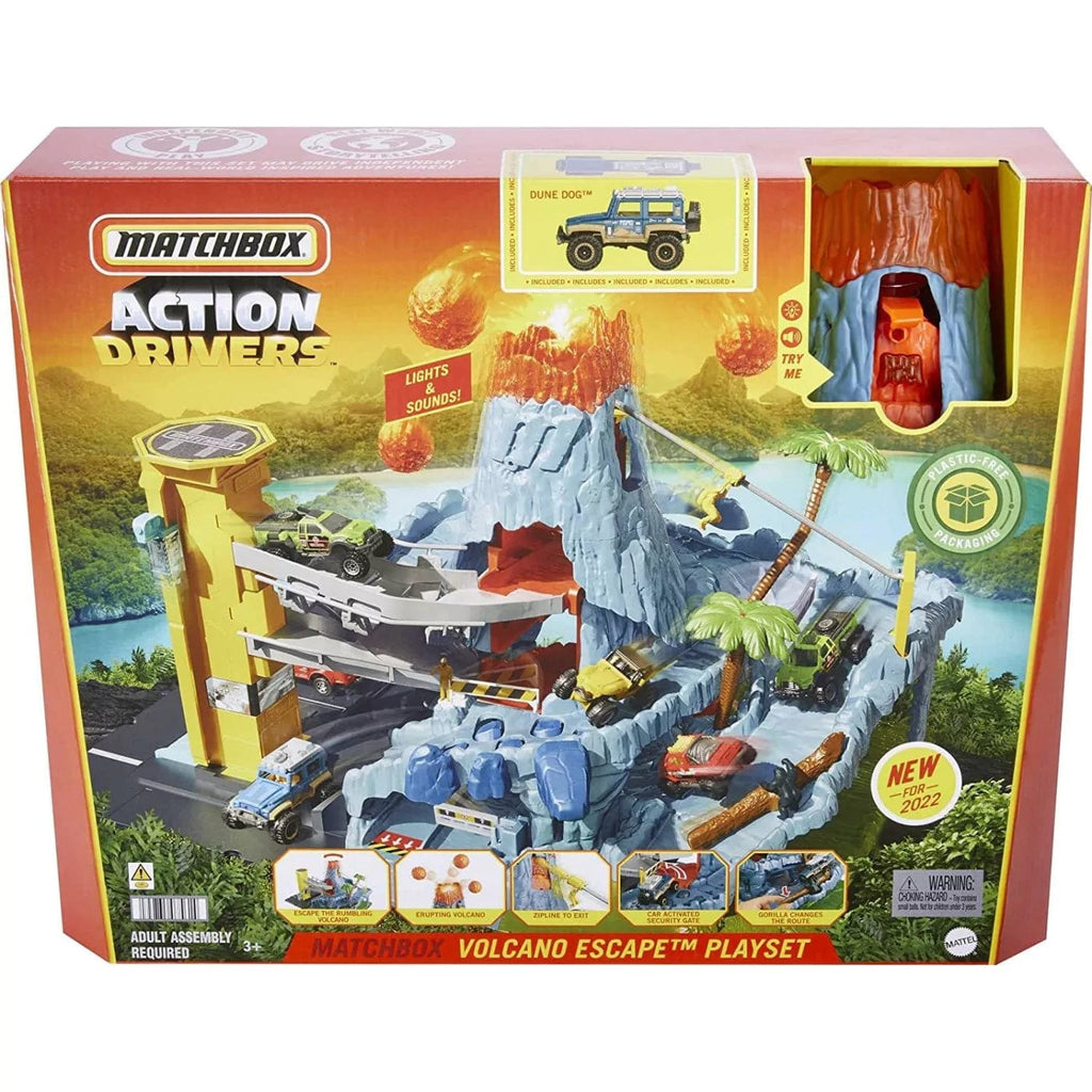 macchinine Matchbox Action, Playset Fuga dal Vulcano con Luci, Suoni e Veicolo Matchbox Action, Playset Aeroporto con Luci, Suoni