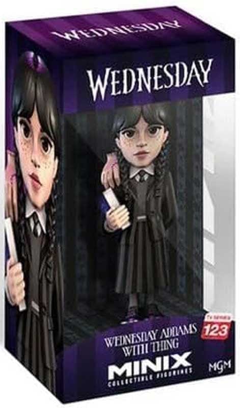 Bambole Minix Wednesday Addams, Bambola Mercoledì Addams con la mano - Statuetta da Collezione 12cm