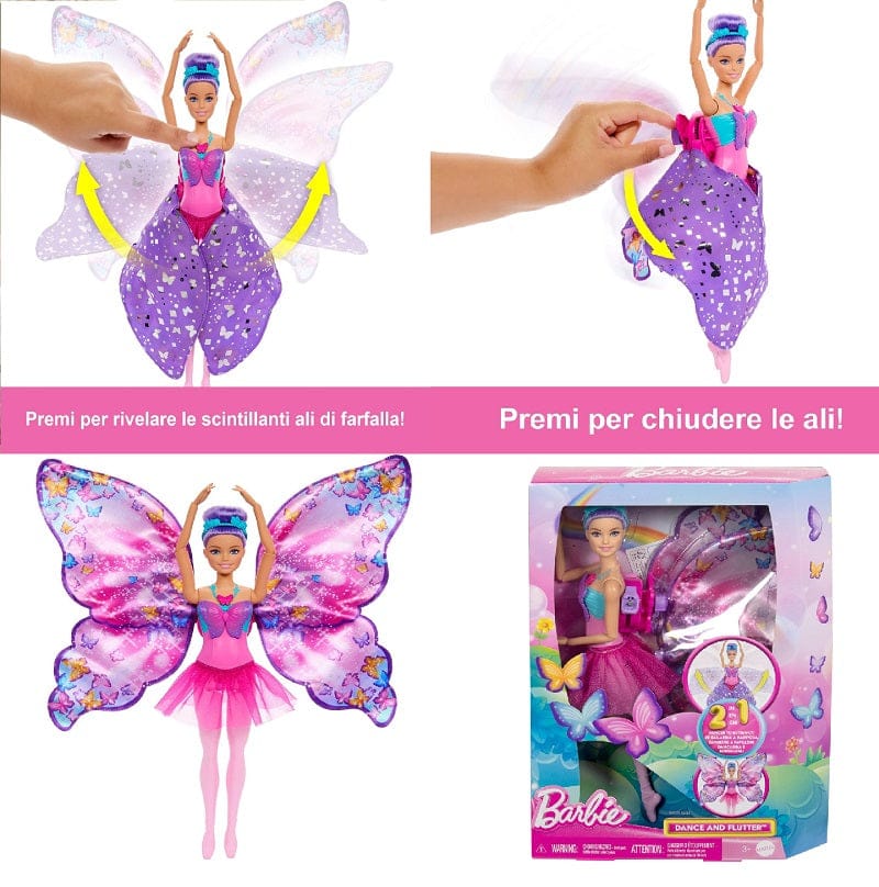 Bambole Barbie Ali Scintillanti, bambola dai capelli viola 2 in 1 da ballerina a farfalla con ali apribili Barbie Ali Scintillanti, bambola dai capelli viola 2 in 1 da ballerina a farfalla con ali apribili