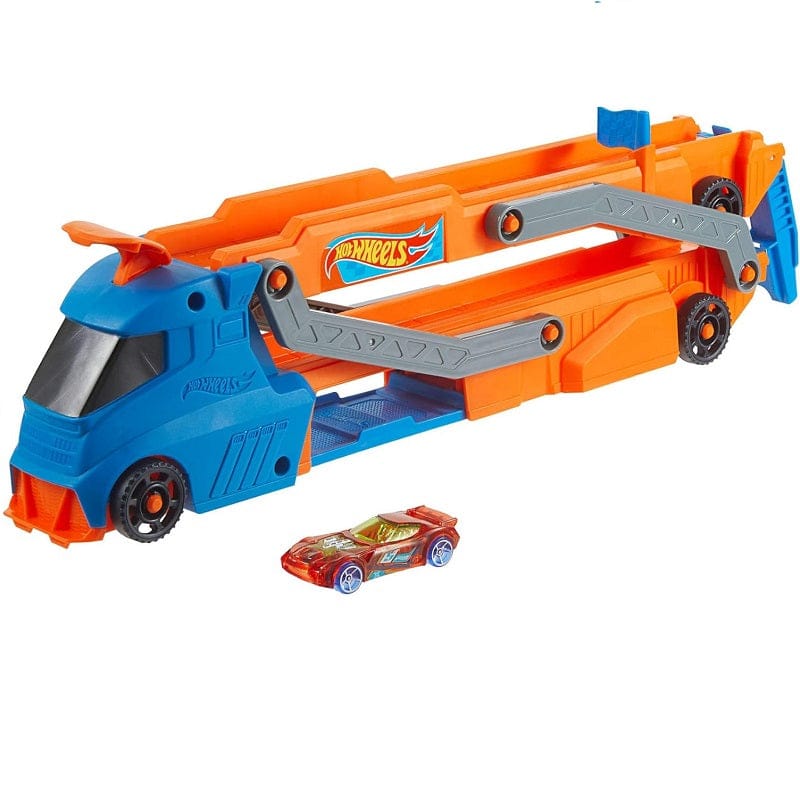 macchinine Hot Wheels Camion Trasportatore con Pista Super Velocità, diventa pista e può contenere fino a 9 auto Hot Wheels Camion Trasportatore con Pista Super Velocità, diventa pista e può contenere fino a 9 auto