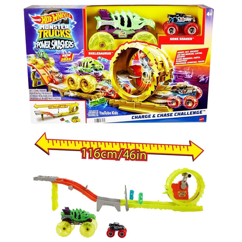 pista Hot Wheels Pista Monster Trucks Sfida Carica e Insegui, set pista con 2 truck in scala 1:64 e due Auto schiacciate Hot Wheels Pista Monster Trucks Sfida Carica e Insegui, set pista con 2 truck in scala 1:64 e due Auto schiacciate