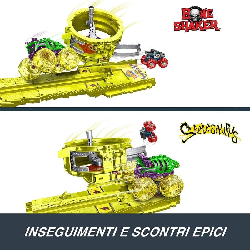 pista Hot Wheels Pista Monster Trucks Sfida Carica e Insegui, set pista con 2 truck in scala 1:64 e due Auto schiacciate Hot Wheels Pista Monster Trucks Sfida Carica e Insegui, set pista con 2 truck in scala 1:64 e due Auto schiacciate