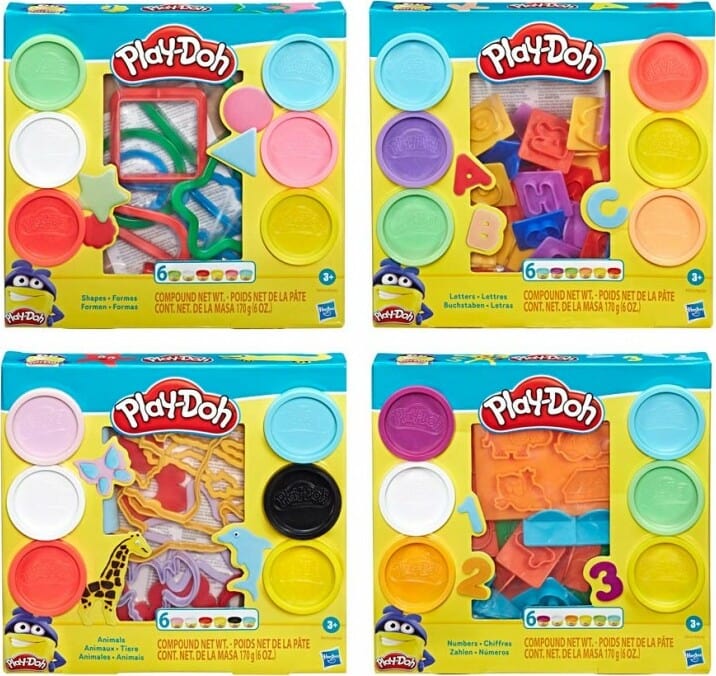 Plastilina Play-Doh Numeri, Lettere, Animali e Forme - set Assortiti da 6 Vasetti con Accessori