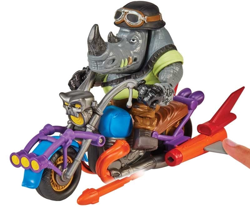 Action Figures Tartarughe Ninja Rinoceronte con Moto, Rocksteady con Chopper