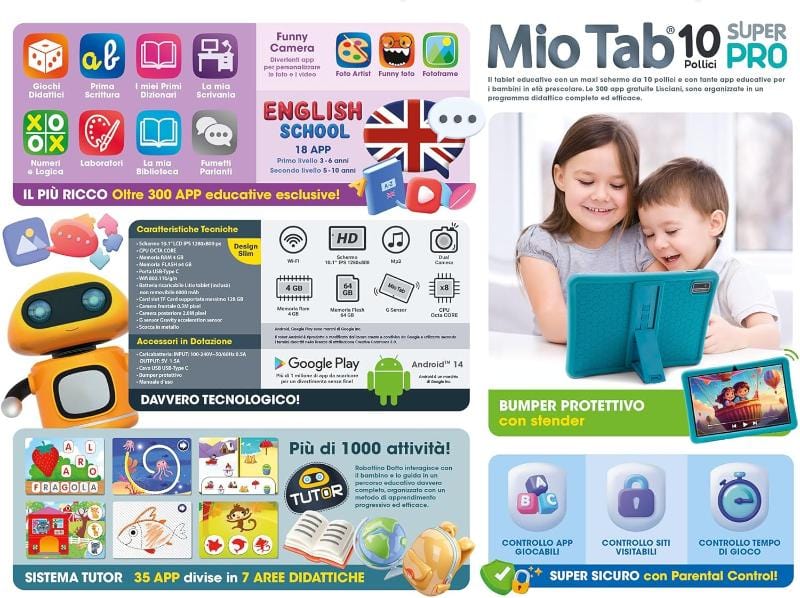 Tablet per Bambini Lisciani-Mio Tab 10 Pollici Super Pro 2024, Tablet per Bambini 3-8 Anni Lisciani-Mio Tab 10 Pollici Super Pro 2024, Tablet per Bambini 3-8 Anni