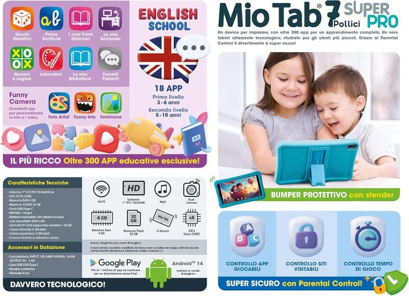 Tablet per Bambini Lisciani-Mio Tab 7 Pollici 2024, Tablet Smart Kid Pro per Bambini 3-8 Anni Lisciani-Mio Tab 7 Pollici 2024, Tablet Smart Kid Pro per Bambini 3-8 Anni
