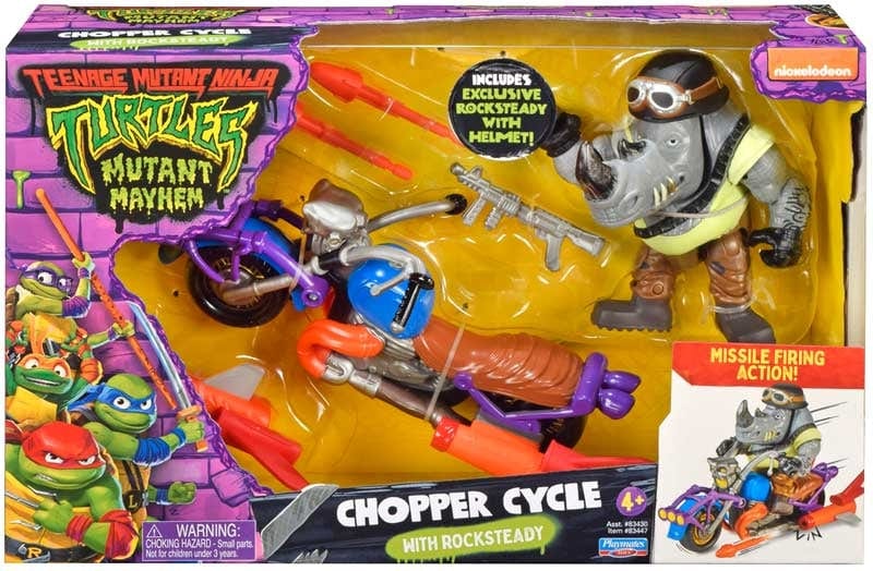 Action Figures Tartarughe Ninja Rinoceronte con Moto, Rocksteady con Chopper