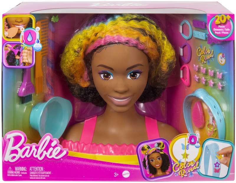 Bambole Barbie Super Chioma Arcobaleno Capelli Ricci Castano, Testa da Pettinare e truccare con accessori Color Reveal HMD79 Barbie Super Chioma Hairstyle Capelli Arcobaleno, Testa da Pettinare 