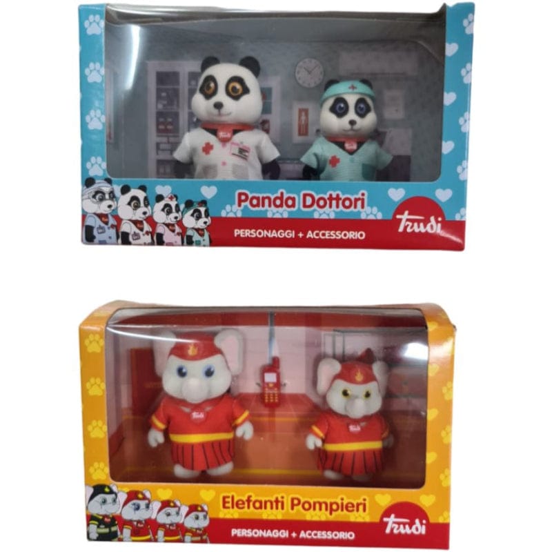 Bambole, playset e giocattoli Trudi Family, animali floccati coppia Panda Dottori- Elefanti Pompieri Trudi Family, animali floccati coppia Panda Dottori- Elefanti Pompieri