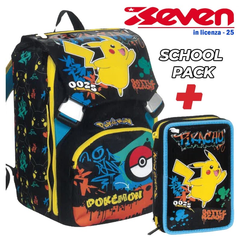Zaini Zaino Scuola Pokemon + Astuccio 3 Zip (Promo Pack 2025) - Seven Zaino Scuola Pokemon + Astuccio 3 Zip (Promo Pack 2025) - Seven