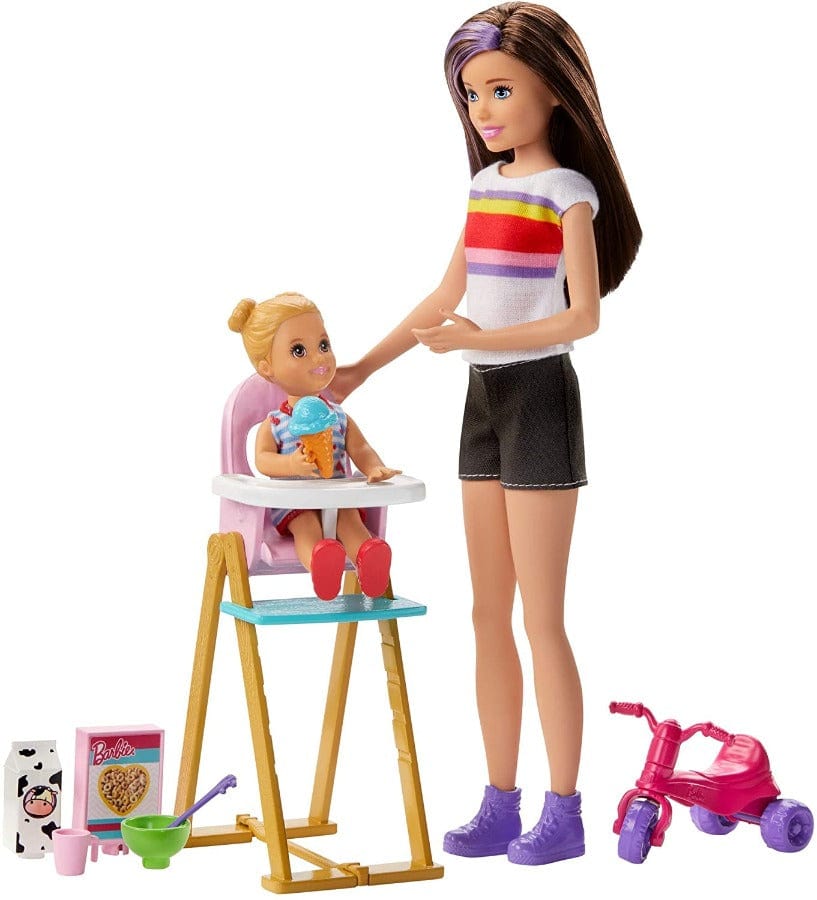 bambole Barbie Babysitter Skipper con Bambola e Seggiolone Pappa, GHV87
