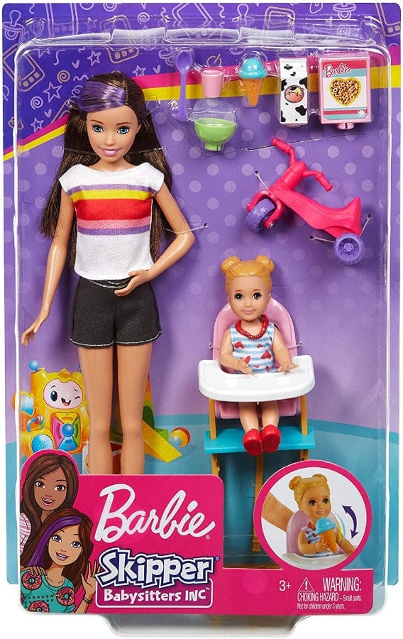 bambole Barbie Babysitter Skipper con Bambola e Seggiolone Pappa, GHV87