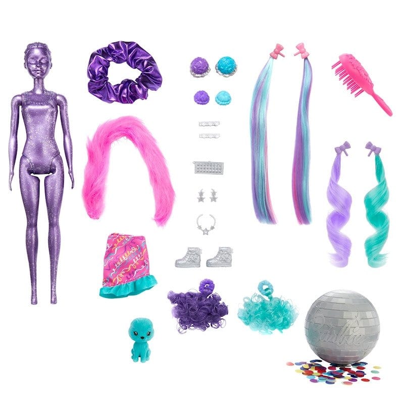 Bambole Barbie Color Reveal Glitter, Bambole con 25 acconciature e sorprese a tema festa, HBG38