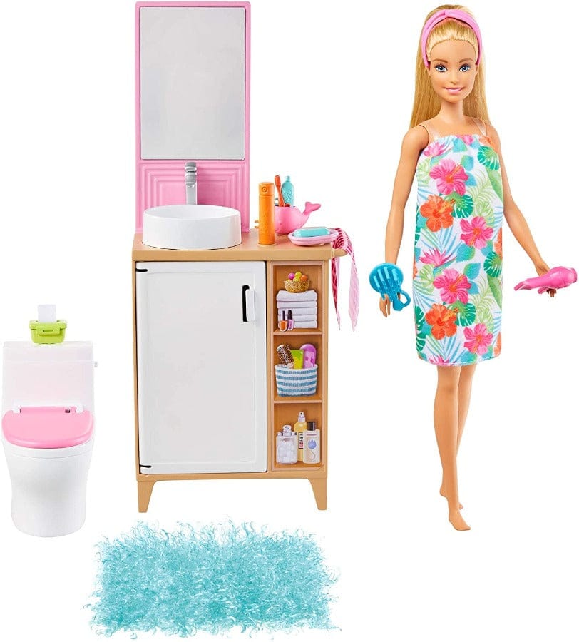 bambole Barbie Playset Bagno, Bambola con Lavello e Mobile Bagno GRG87