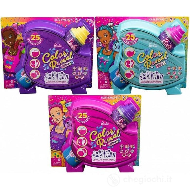 Bambole Barbie Color Reveal Glitter, Bambole con 25 acconciature e sorprese a tema festa, HBG38