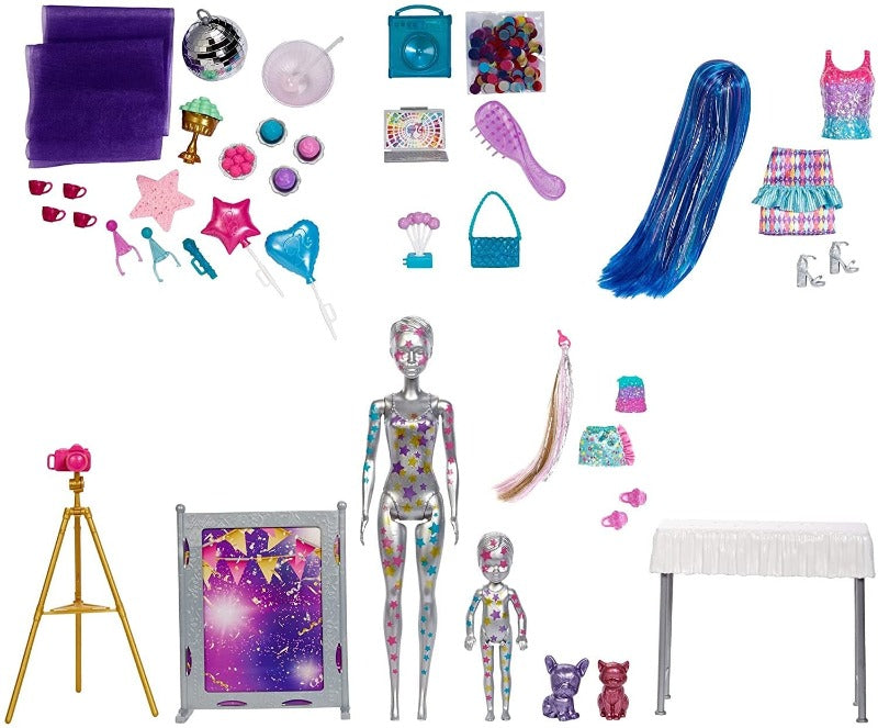 Barbie Color Reveal Festa a Sorpresa - Mega Set con Bambola Barbie, Chelsea, 2 Cuccioli e oltre 50 Accessori a Tema Festa