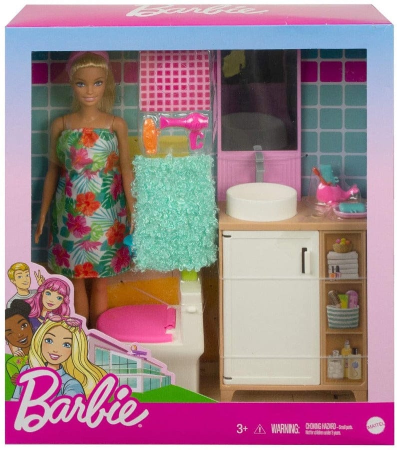 bambole Barbie Playset Bagno, Bambola con Lavello e Mobile Bagno GRG87