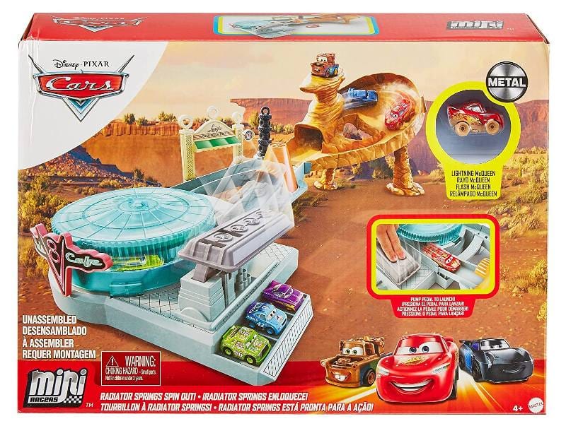 camion giocattolo Disney Cars Corse Estreme, Playset Radiator Springs Mini Racers con esclusivo veicolo Saetta McQueen