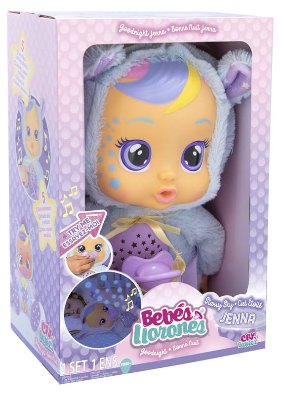 Bambole Cry Babies Jenna Goodnight, Nuova Bambola con Proiettore Cielo Stellato +18Mesi