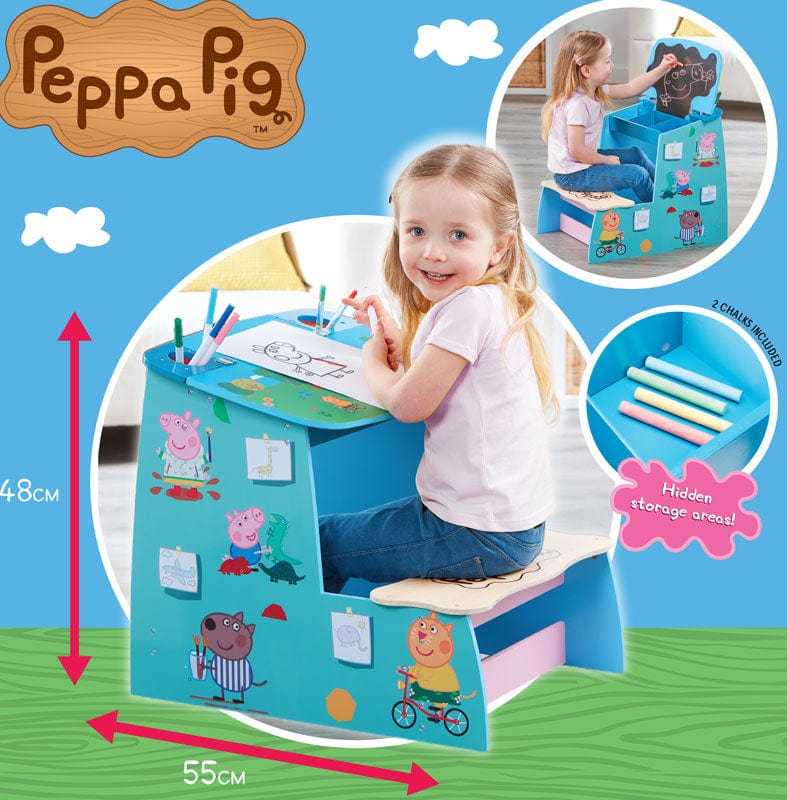 Giochi e giocattoli Banco Scuola Peppa Pig, Tavolino in legno con lavagna per Bambini Banco Scuola Peppa Pig, Tavolino in legno con lavagna per Bambini.