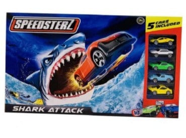 Set auto da corsa giocattolo Pista Macchinine Squalo e Dino Attack, Playset con 5 Auto in Metallo Pista T-Rex Super Loop con Macchinina