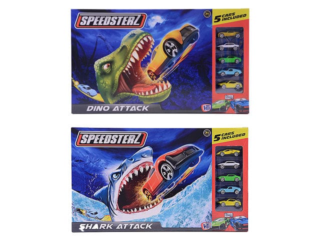 Set auto da corsa giocattolo Pista Macchinine Squalo e Dino Attack, Playset con 5 Auto in Metallo Pista T-Rex Super Loop con Macchinina